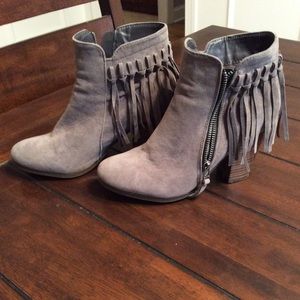 Grey Heel Booties with Fringe Back